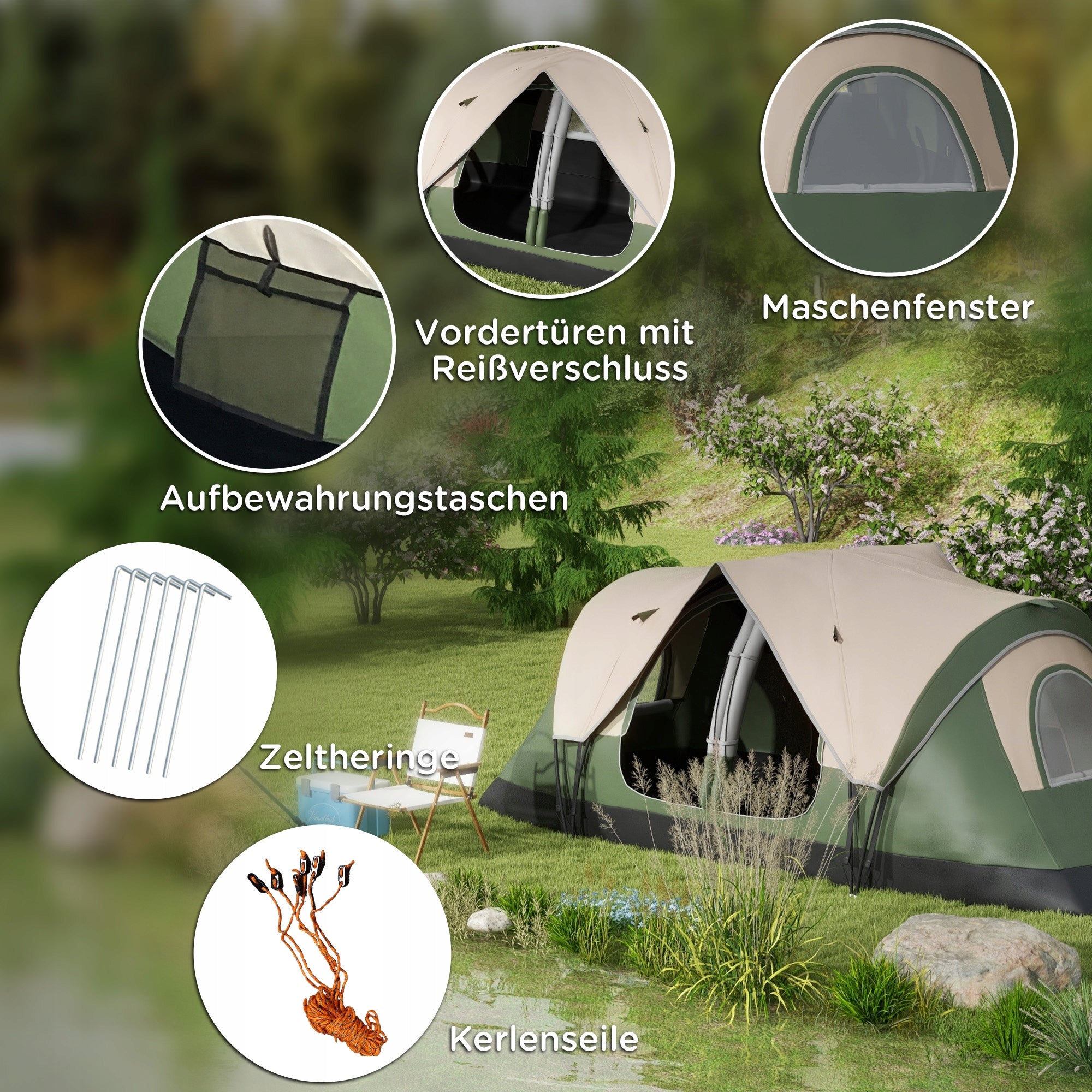Outsunny Tunnel tent for 6-8 people, with hooks and mesh windows Waterproofness 3000 mm