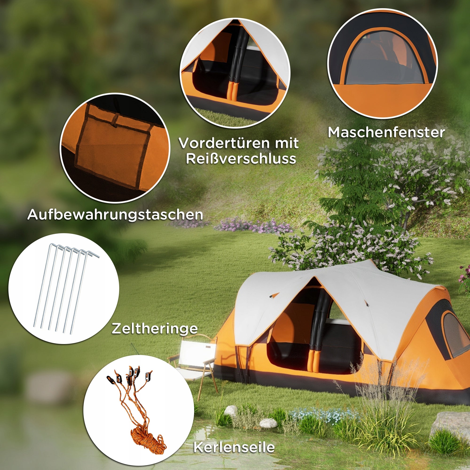 Outsunny Tunnel tent for 8 people, with hooks for light, net Number of people over 6