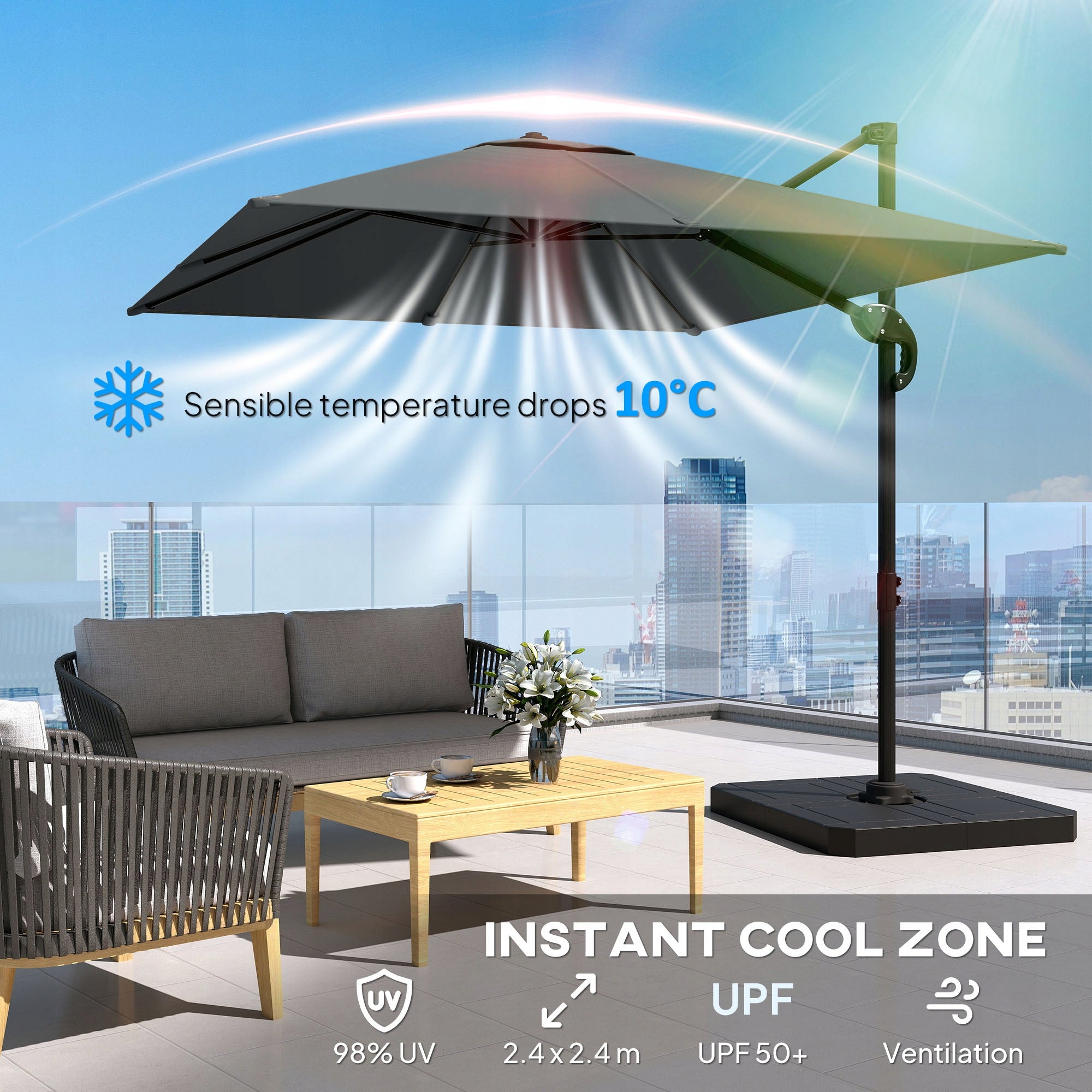 Outsunny aluminum garden umbrella Ø244cm with crank, stand, swivel Diameter/width 244 cm