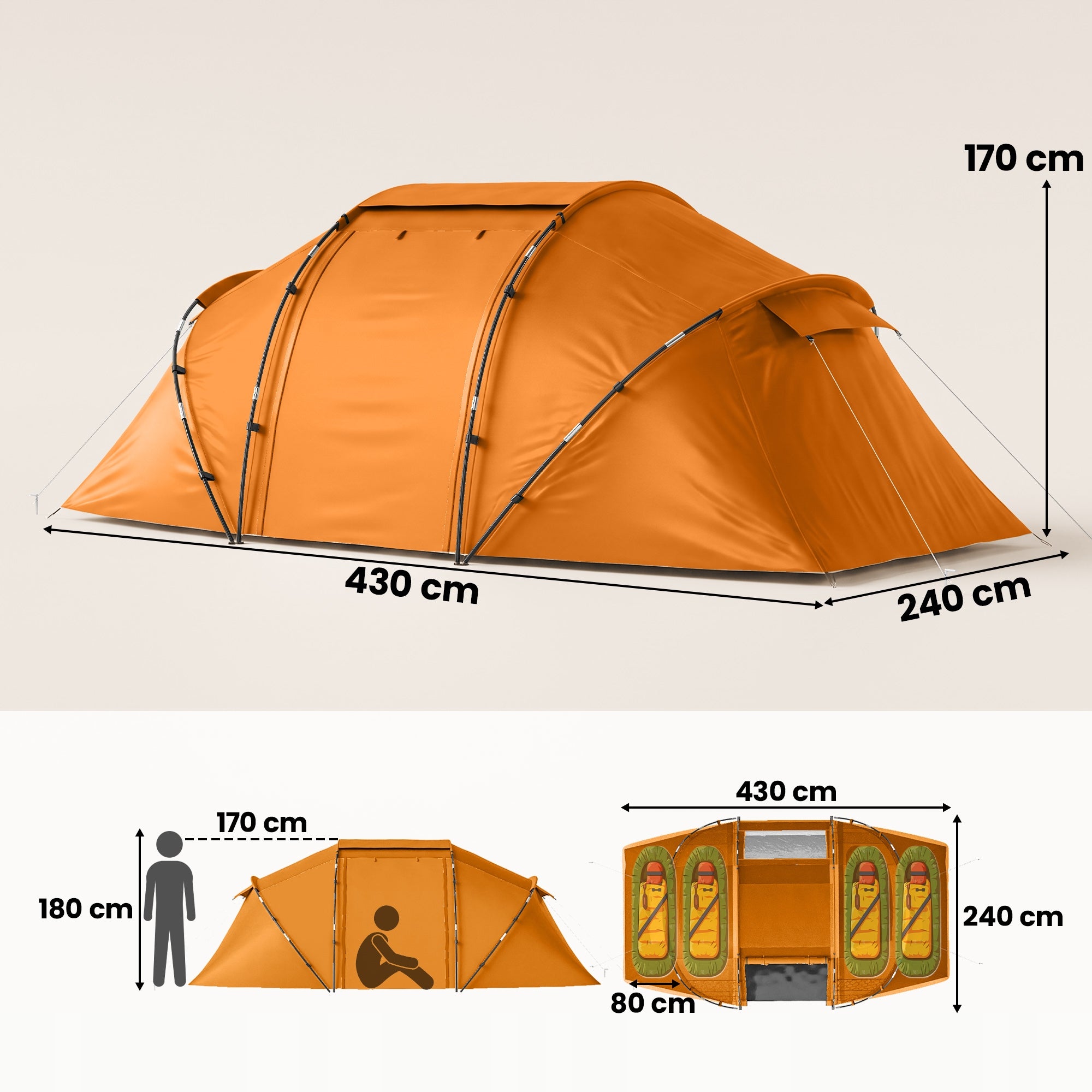 Outsunny tunnel tent for 4-6 people, camping, with doors and floor Model A20-044V00OG