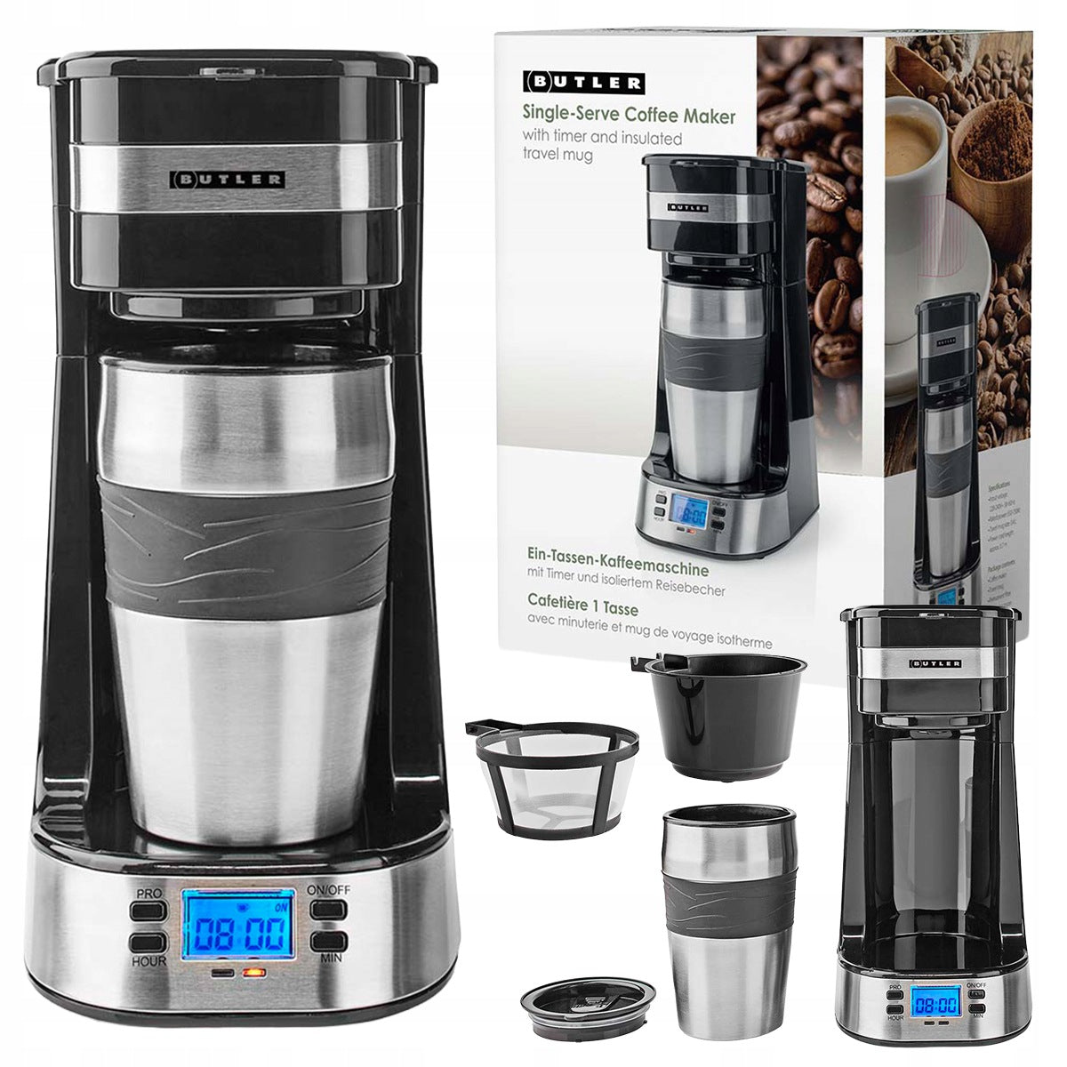 Overflow COFFEE MAKER Butler Timer with LCD Display Thermal Mug