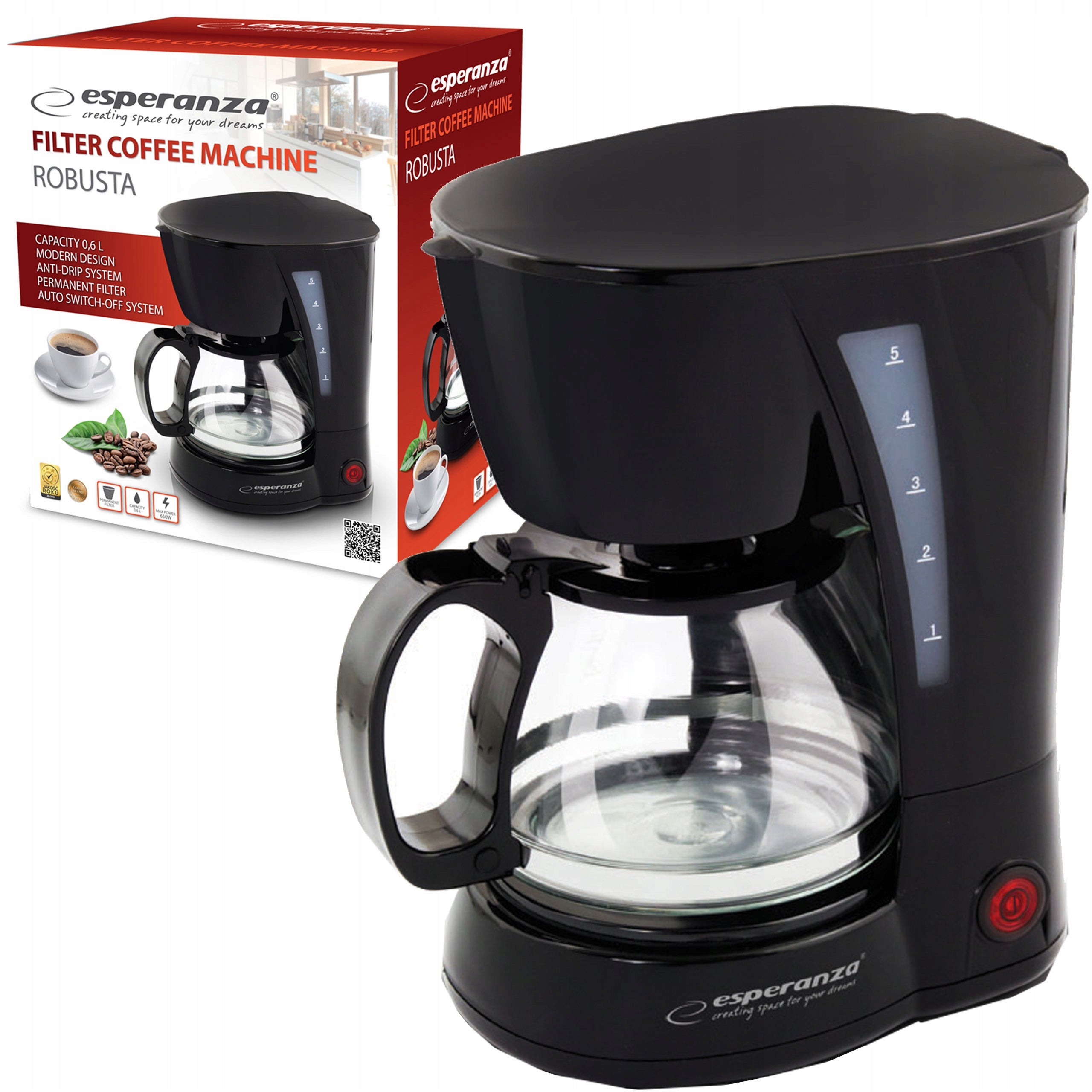 Overflow coffee and tea maker Esperanza 0,6 L fixed filter Auto OFF Manufacturer code EKC006