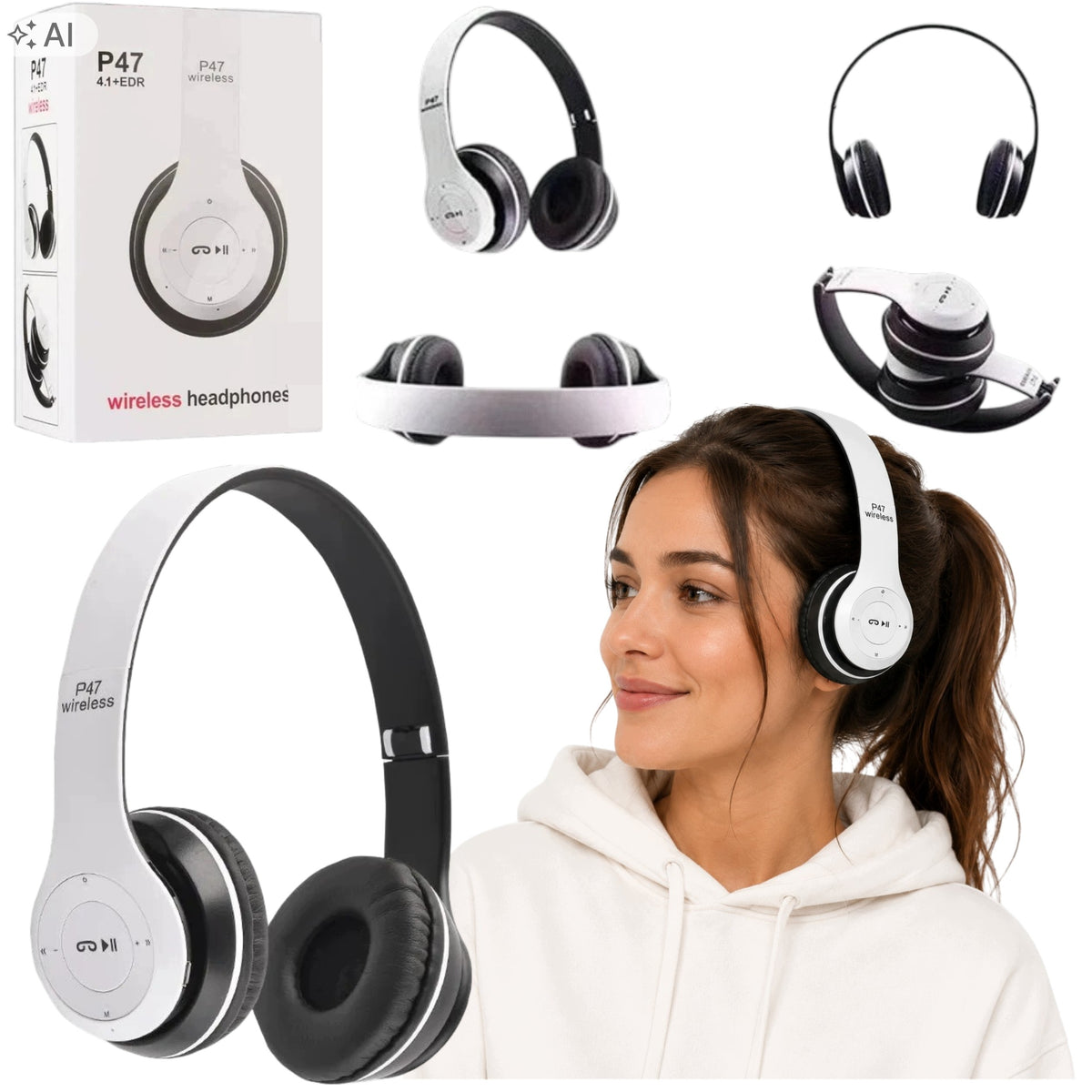 P47 Bluetooth On-Ear Headphones with Microphone and SD Card Reader White