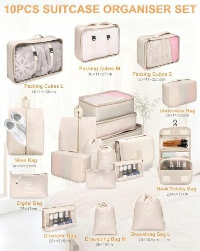PACKING CUBE SUITCASE ORGANIZER 10-PIECE SET FOR ORGANIZATION Color beige