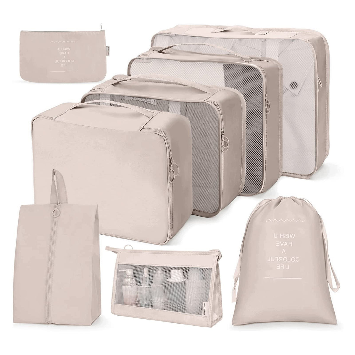 PACKING CUBES 8 PIECES BEIGE SUITCASE ORGANIZER SET WATERPROOF