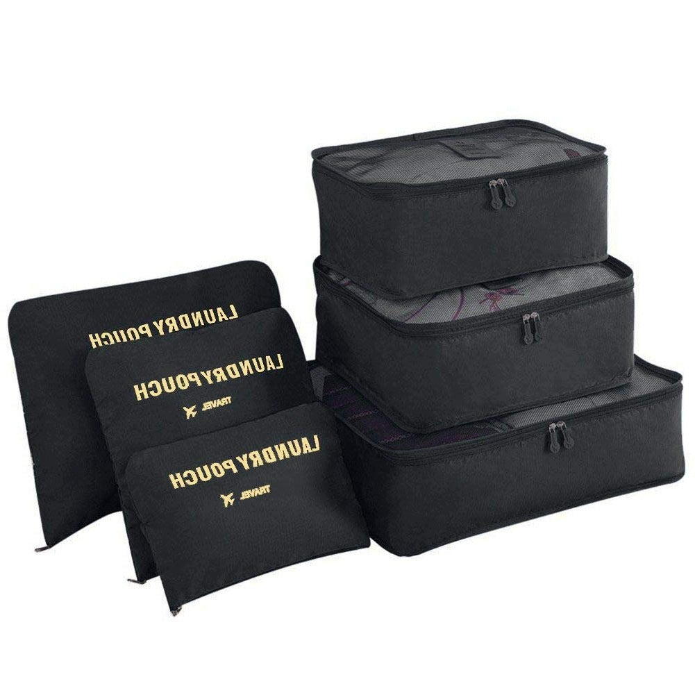 PACKING CUBES AND LAUNDRY BAGS SET OF 6 LUGGAGE ORGANIZER BLACK