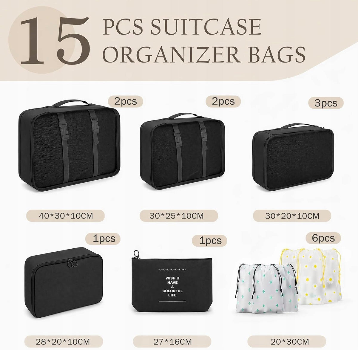 PACKING CUBES SET OF 15 BLACK ORGANIZERS FOR SUITCASE WATERPROOF Color black