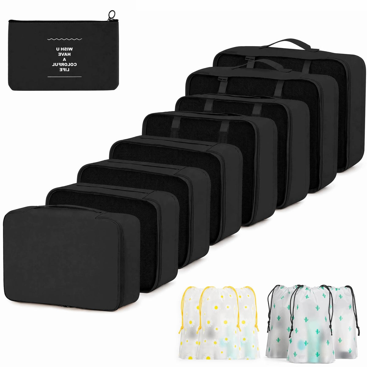 PACKING CUBES SET OF 15 BLACK ORGANIZERS FOR SUITCASE WATERPROOF