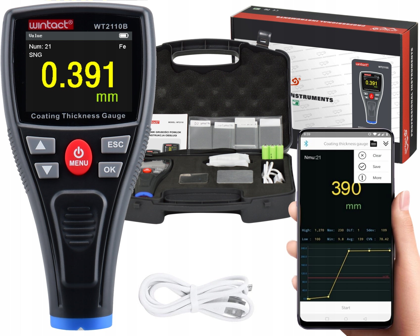 PAINT THICKNESS GAUGE MATERIAL SENSOR COATING TESTER USB PC BT APP LCD