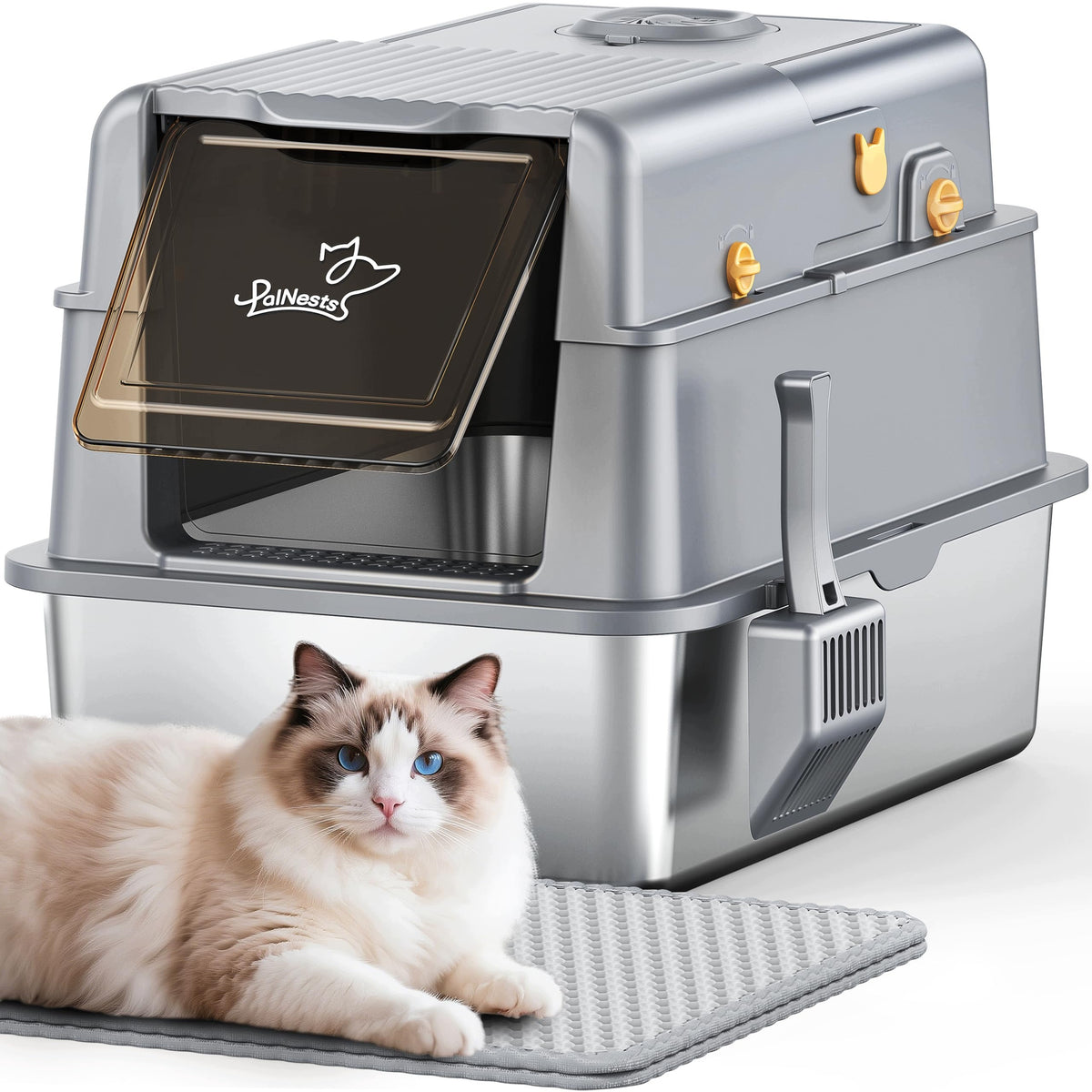 PALNESTS STAINLESS STEEL CAT LITTER BOX XXL WITH FLAP 105 AND
