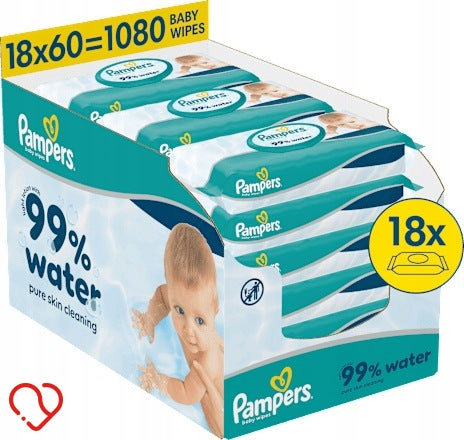 PAMPERS AQUA WATER WET WIPES 99% WATER FOR CHILDREN 18 x 60 pcs.
