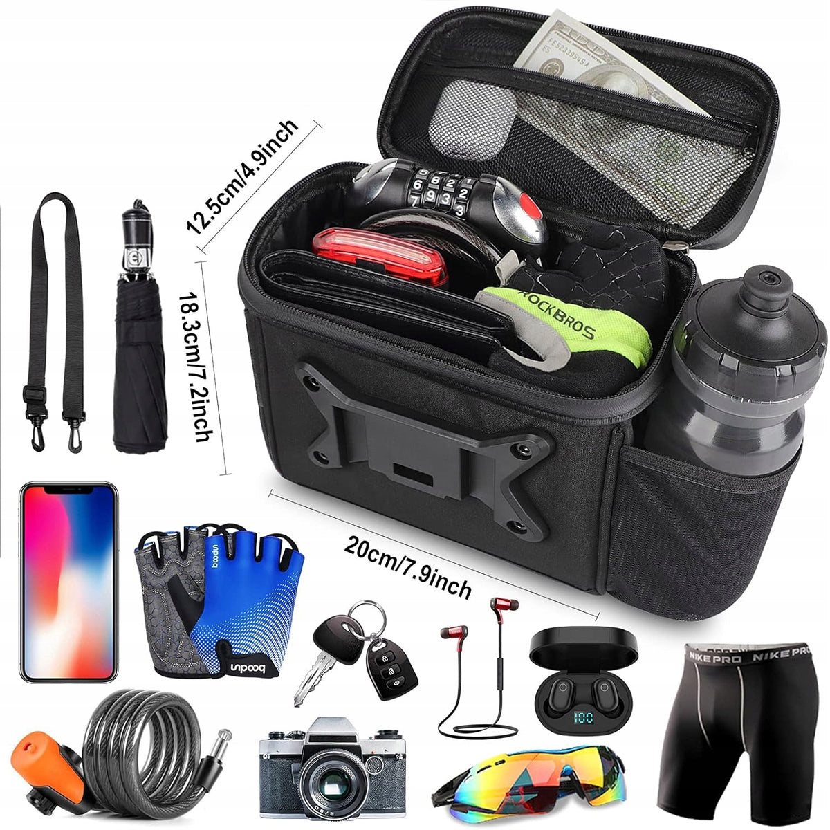 PANNIER BICYCLE BAG FOR HANDLEBARS BICYCLE PHONE WATERPROOF ROOMY 5L Height 18.3 cm
