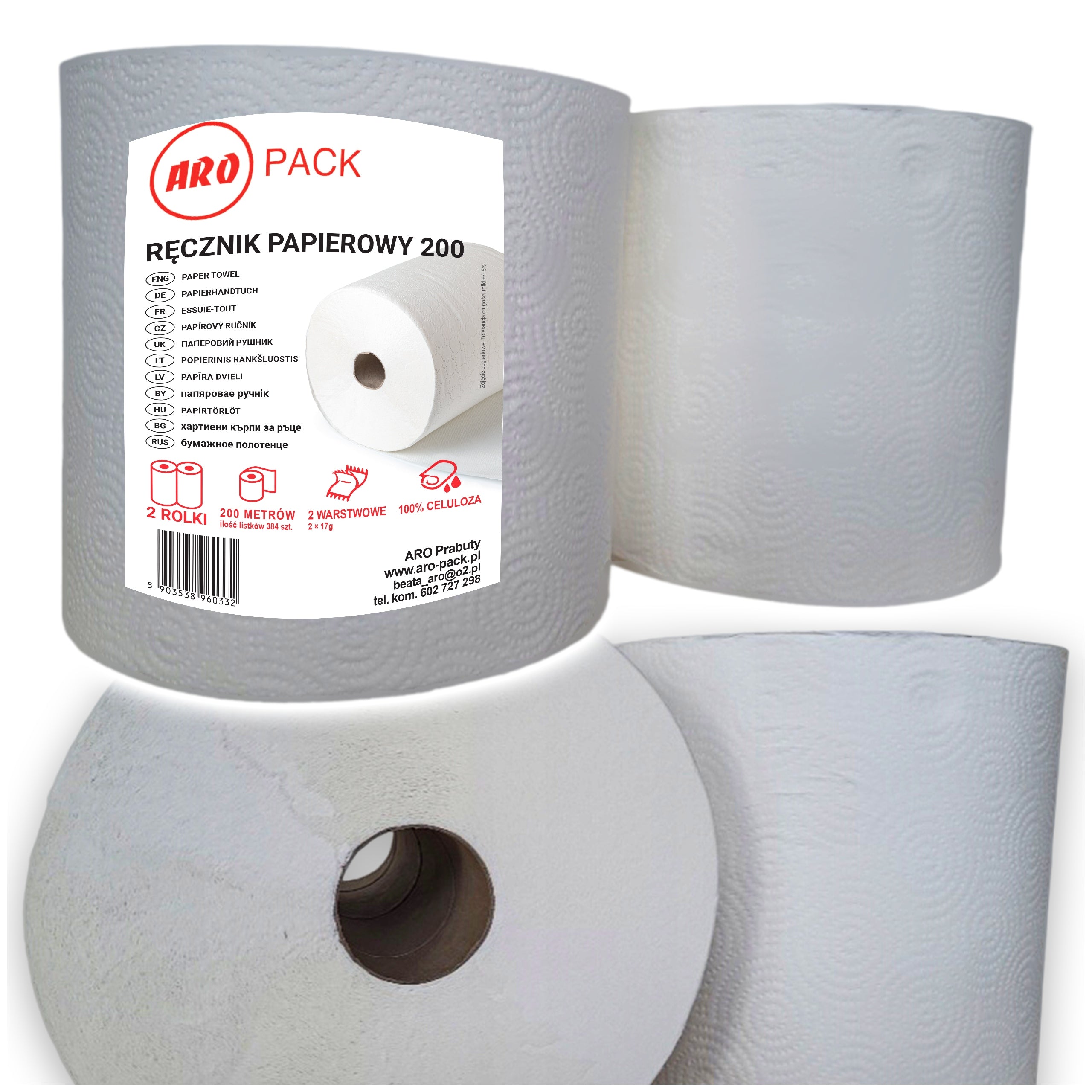 PAPER TOWEL CLEAN WHITE 2x 200M ARO-PACK 2W 400M ABSORBENT CELLULOSE Packaging status original