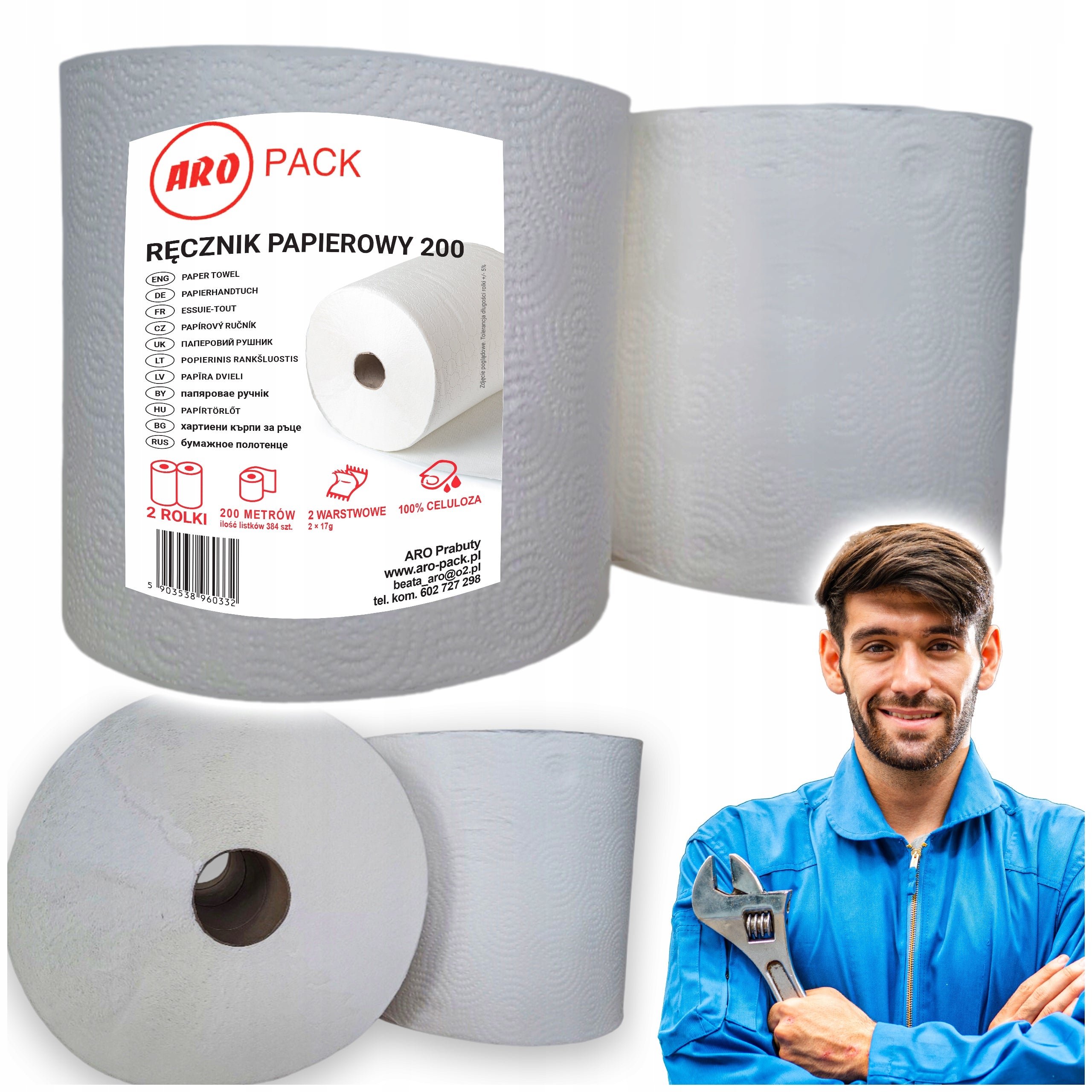 PAPER TOWEL CLEAN WHITE 2x 200M ARO-PACK 2W 400M ABSORBENT CELLULOSE