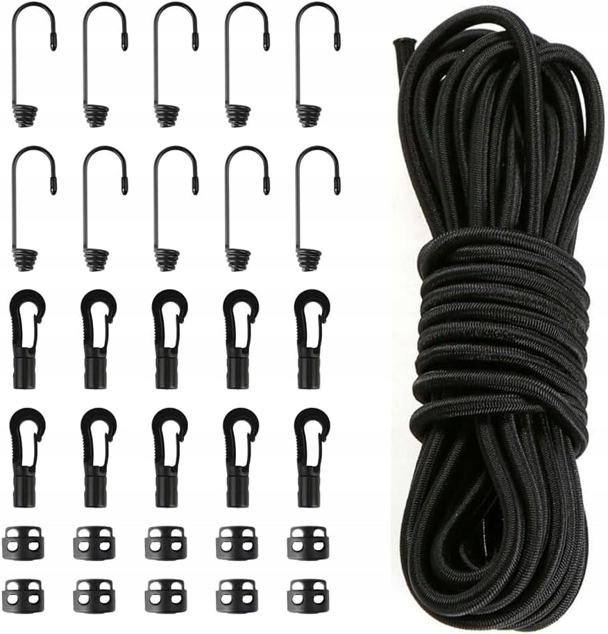 PARACORD CORD 20M 4MM BLACK POLYPROPYLENE + HOOKS SET