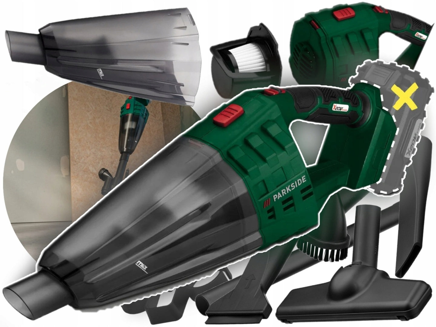 PARKSIDE Cordless Handheld Vacuum Cleaner PHSSA 20-Li D2 green + ACCESSORIES