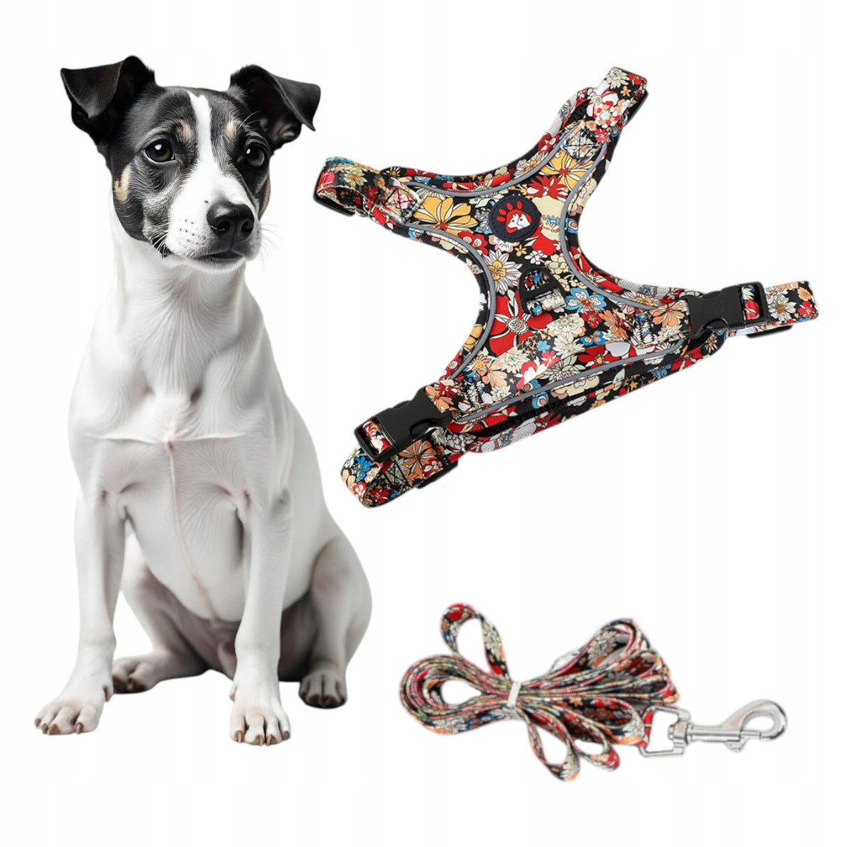 PATTERNED REFLECTIVE PRESSURE-FREE WALKING HARNESS AND DOG LEASH SIZE L