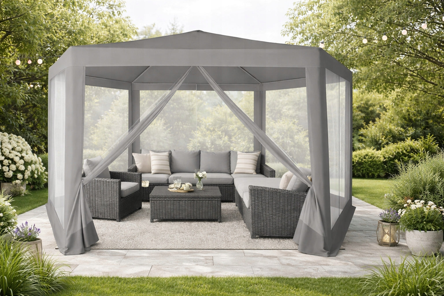 PAVILION GARDEN TENT GAZEBO WITH MOSQUITO NET WATERPROOF 4X4m 6 WALLS Width 4 m