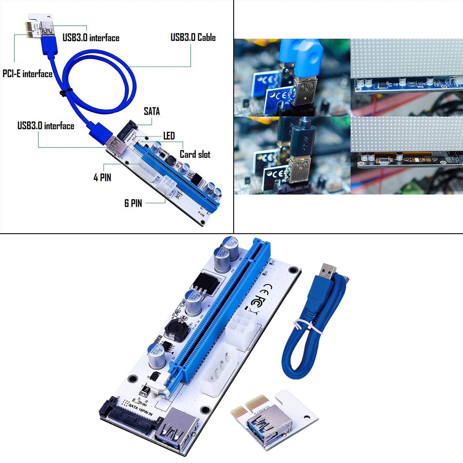 PCI E Riser Card USB3.0 4Pin 6Pin 15Pin SATA 60cm Cable Extender blue white