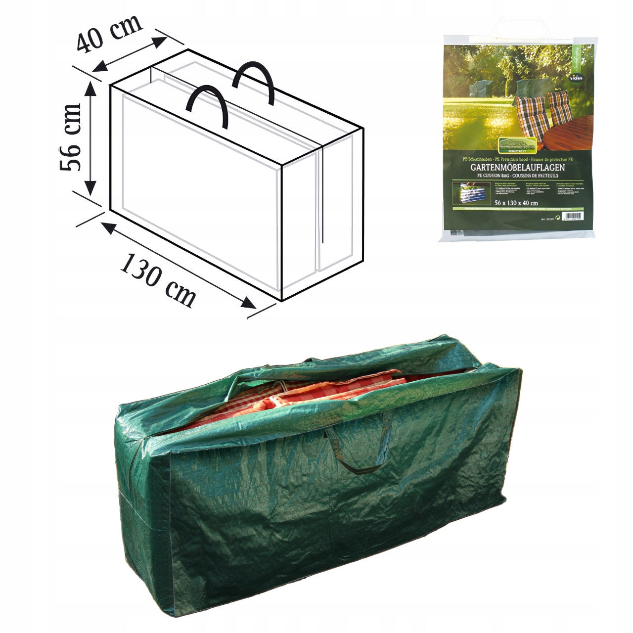 PE Outdoor Furniture Cushion Bag, 130 x 56 x 40 cm, Green