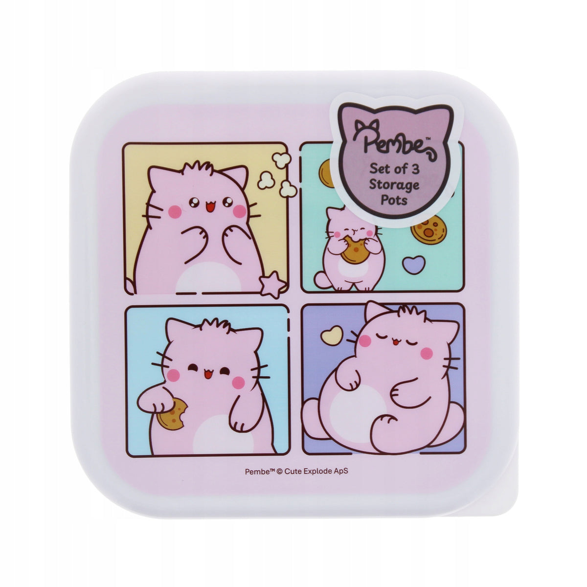 PEMBE Breakfast Box, Lunchbox, Containers 3pcs SET Pembe the Pink Cat Brand Blue