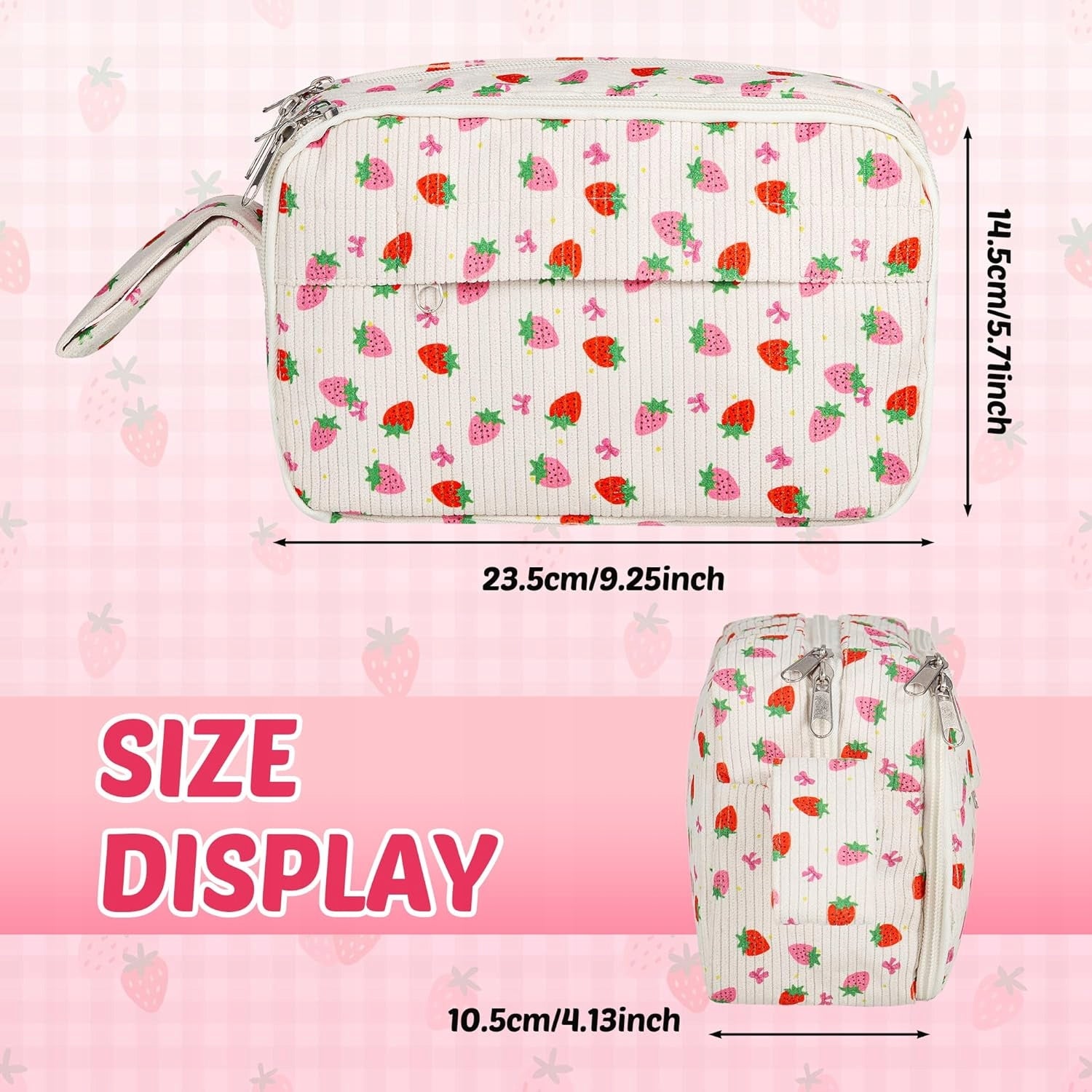PENCIL CASE 3 COMPARTMENTS ROOMY FABRIC ZIPPER STRAWBERRIES GIRLS PINK Brand no brand