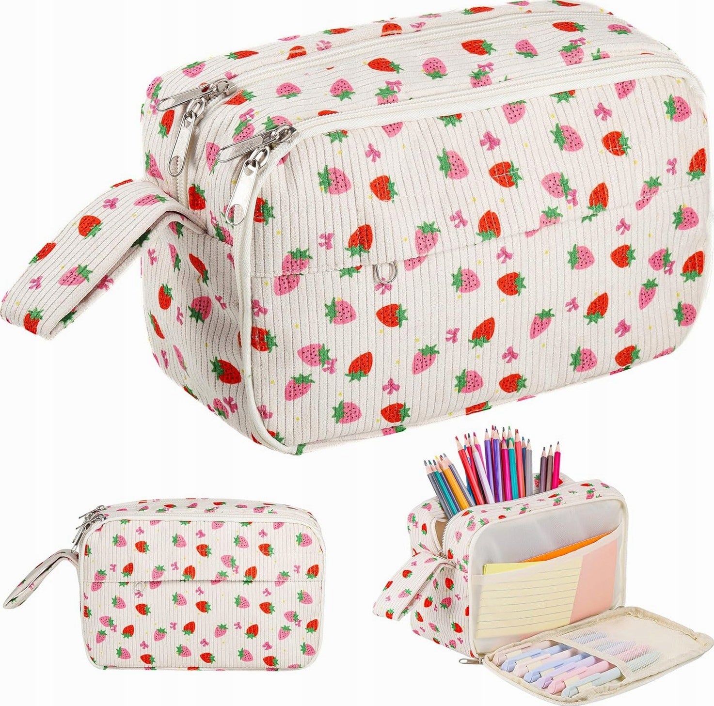 PENCIL CASE 3 COMPARTMENTS ROOMY FABRIC ZIPPER STRAWBERRIES GIRLS PINK