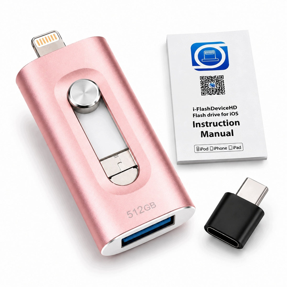 PENDRIVE 512GB 4in1 MICRO-USB USB-C LIGHTNING ADAPTER USB 3.0 , PINK