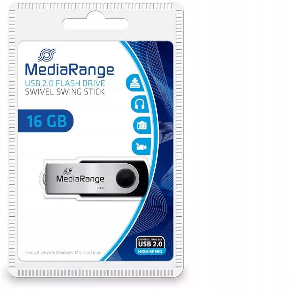 PENDRIVE MEDIARANGE 16 GB USB 2.0 ROTATING METAL x10 Color silver