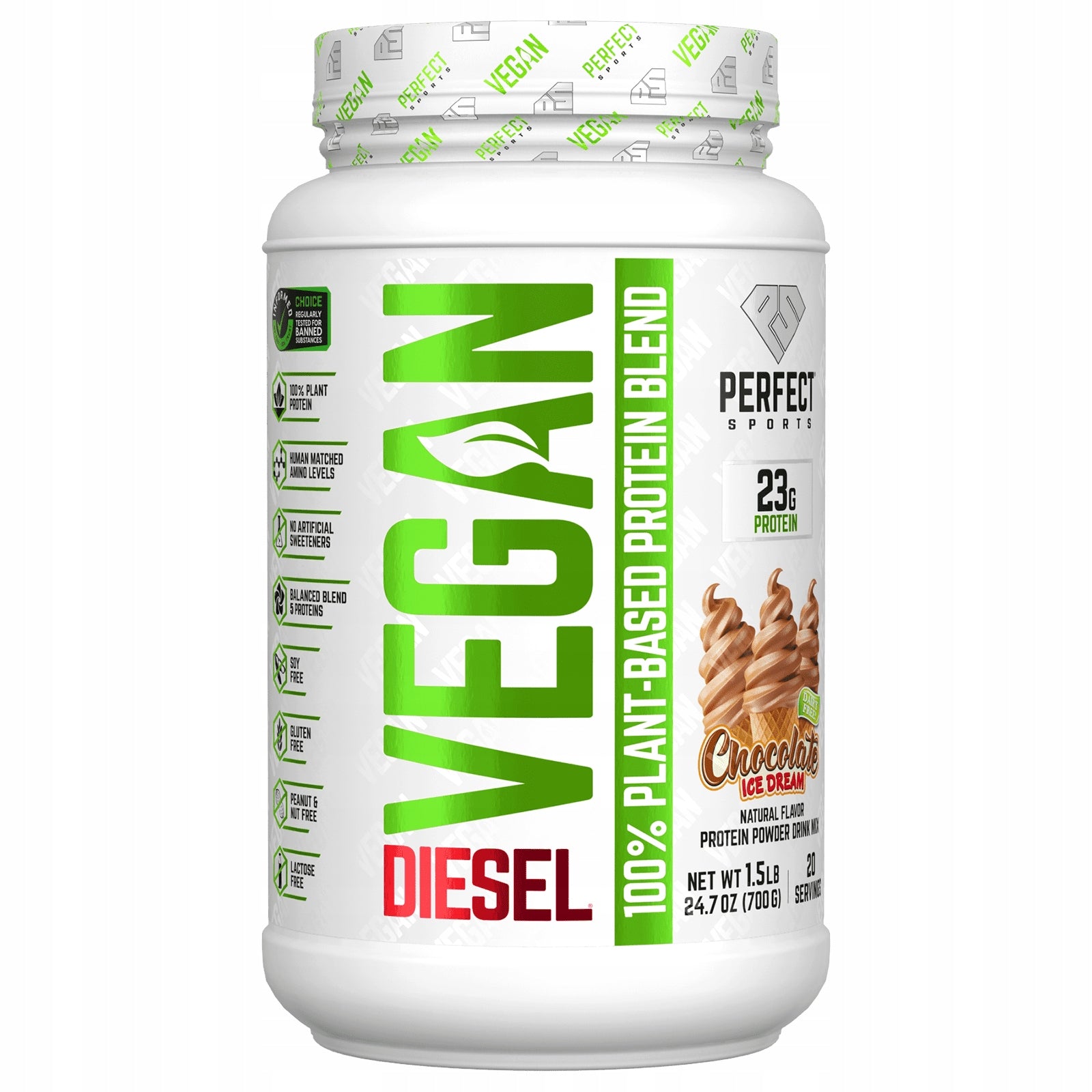 PERFECT Sports, Vegan Diesel, 100% vegetable protein blend, chocolate ice cream