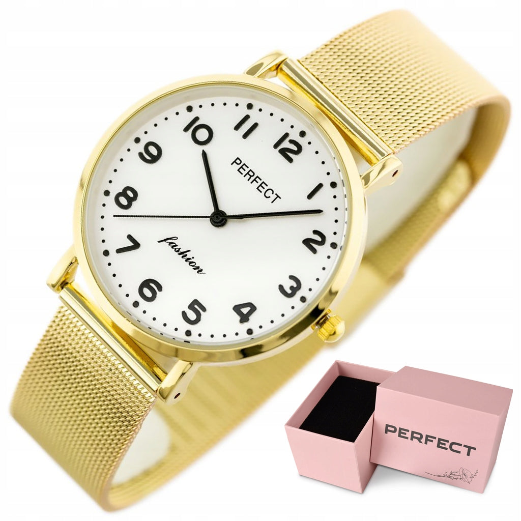 PERFECT TINA WOMEN'S WATCH + BOX + ENGRAVING numbers, gold mesh bracelet