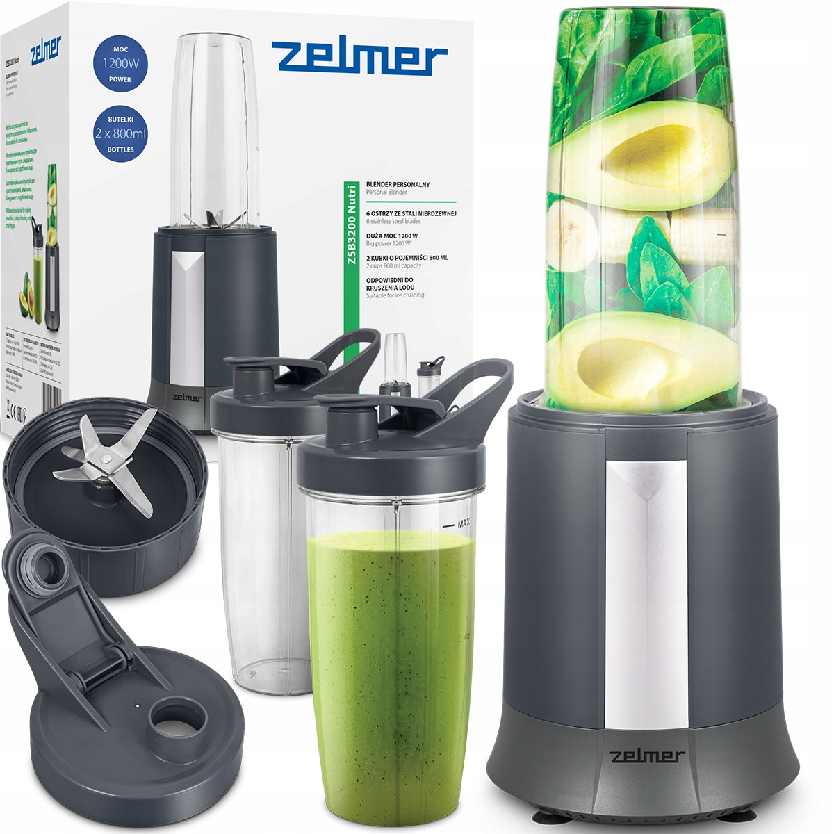 PERSONAL CUP BLENDER ZELMER FOR COCKTAILS CRUSHES ICE 2 BOTTLES 1200W
