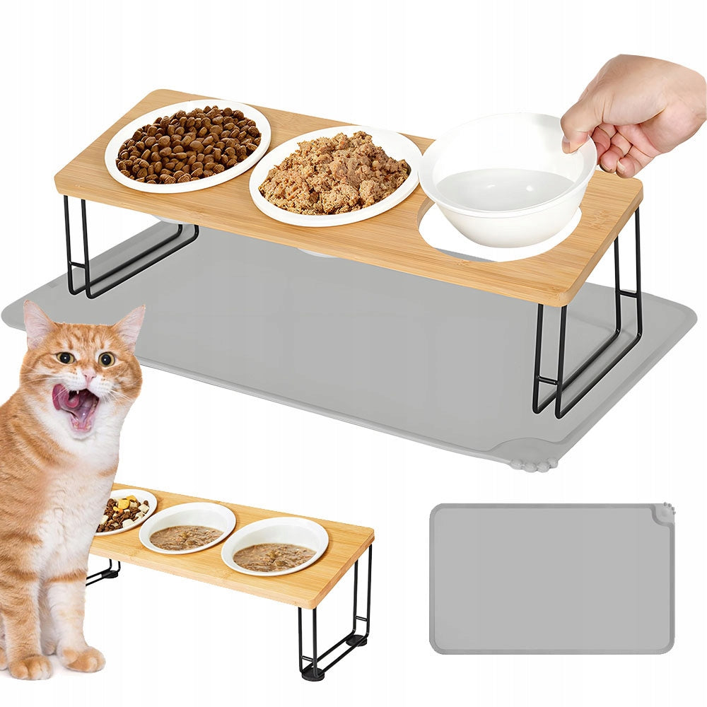 PET FEEDING RACK WITH 3 BOWLS AND SILICONE MAT ANGLE 15°