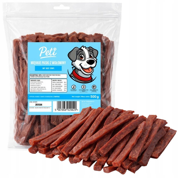PETI DOG TREATS SOFT BEEF STRIPS 500g