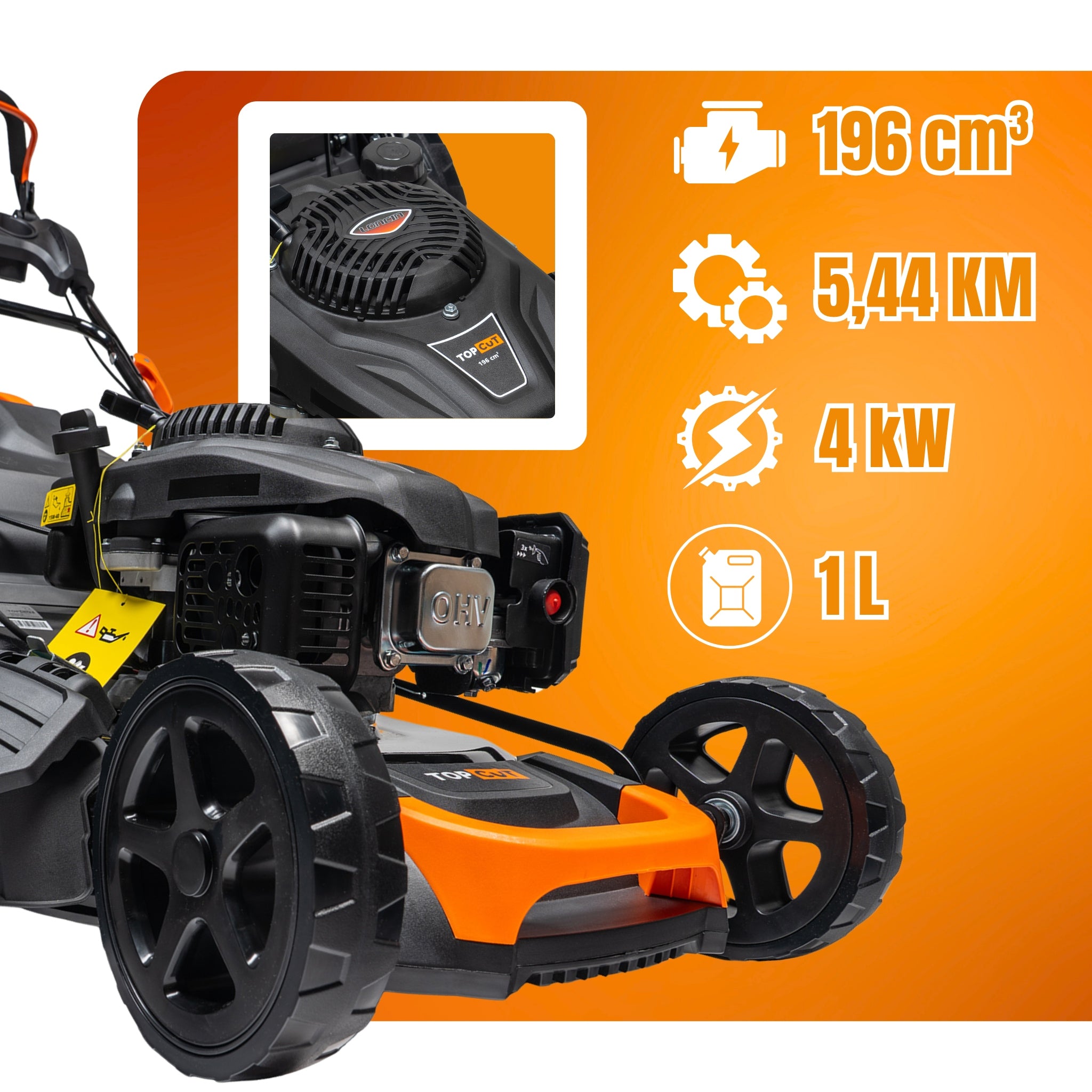 PETROL MOWER DRIVE WITH STARTER ENGINE LONCIN 196CC 51CM 60L 5,4KM Model TC-LS-51-196L-E