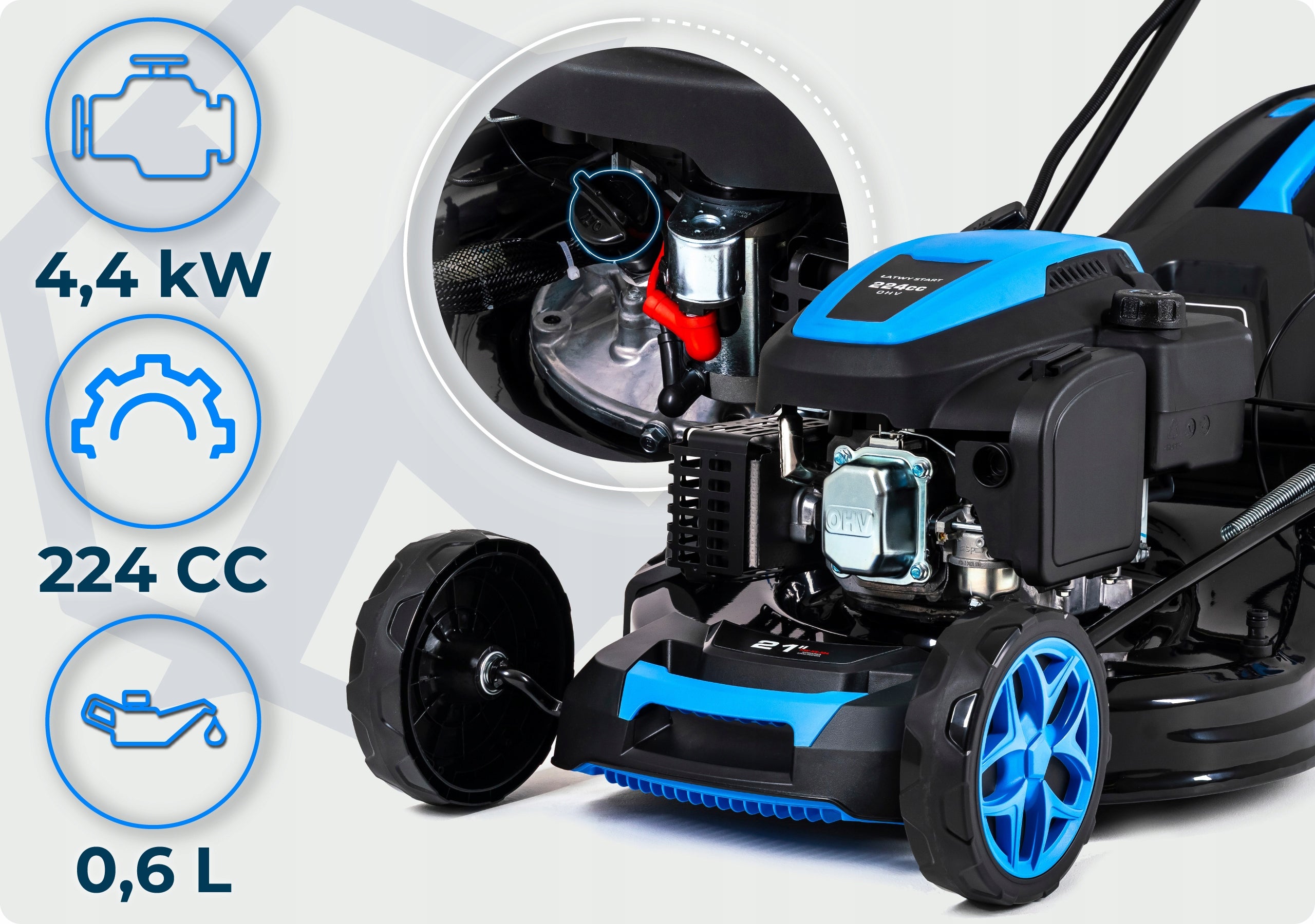 PETROL MOWER POWERFUL 224CC STARTER DRIVE 53CM MULCHING 9IN1 Mowing width 53 cm