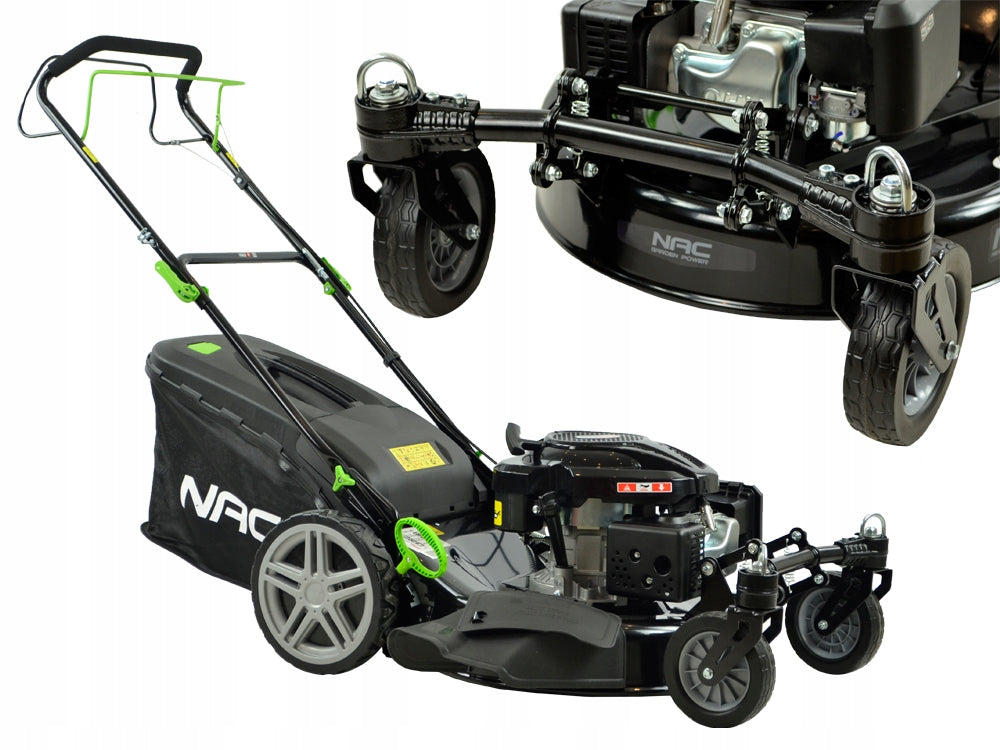 PETROL MOWER WITH DRIVE WIDTH 56 CM SWIVEL WHEELS FRONT MULCHING BASKET Packaging status original