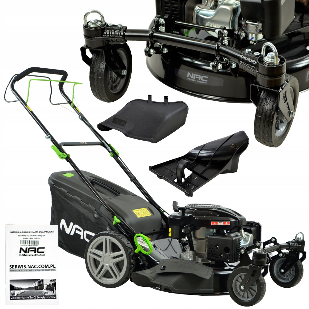 PETROL MOWER WITH DRIVE WIDTH 56 CM SWIVEL WHEELS FRONT MULCHING BASKET