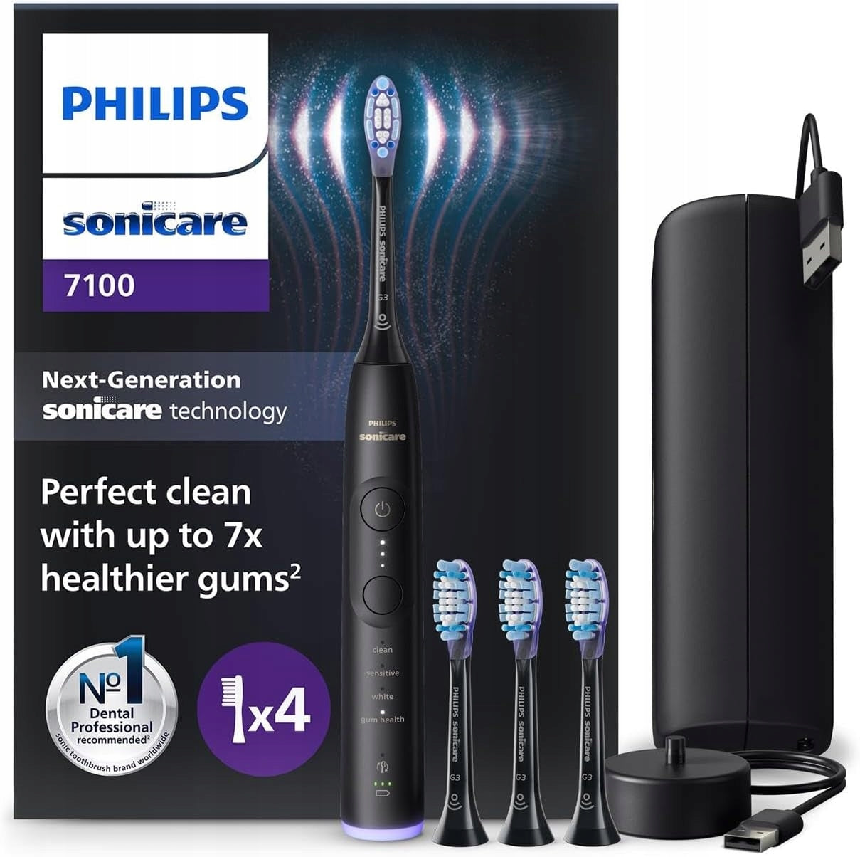 PHILIPS SONICARE 7100 HX7421/08 SONIC TOOTHBRUSH + 4 TIPS BLACK