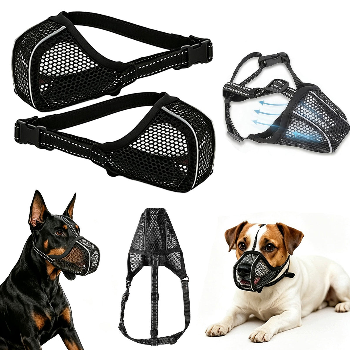 PHYSIOLOGICAL MUZZLE FOR DOG MESH ADJUSTABLE REFLECTIVE LIGHT 2 PCS
