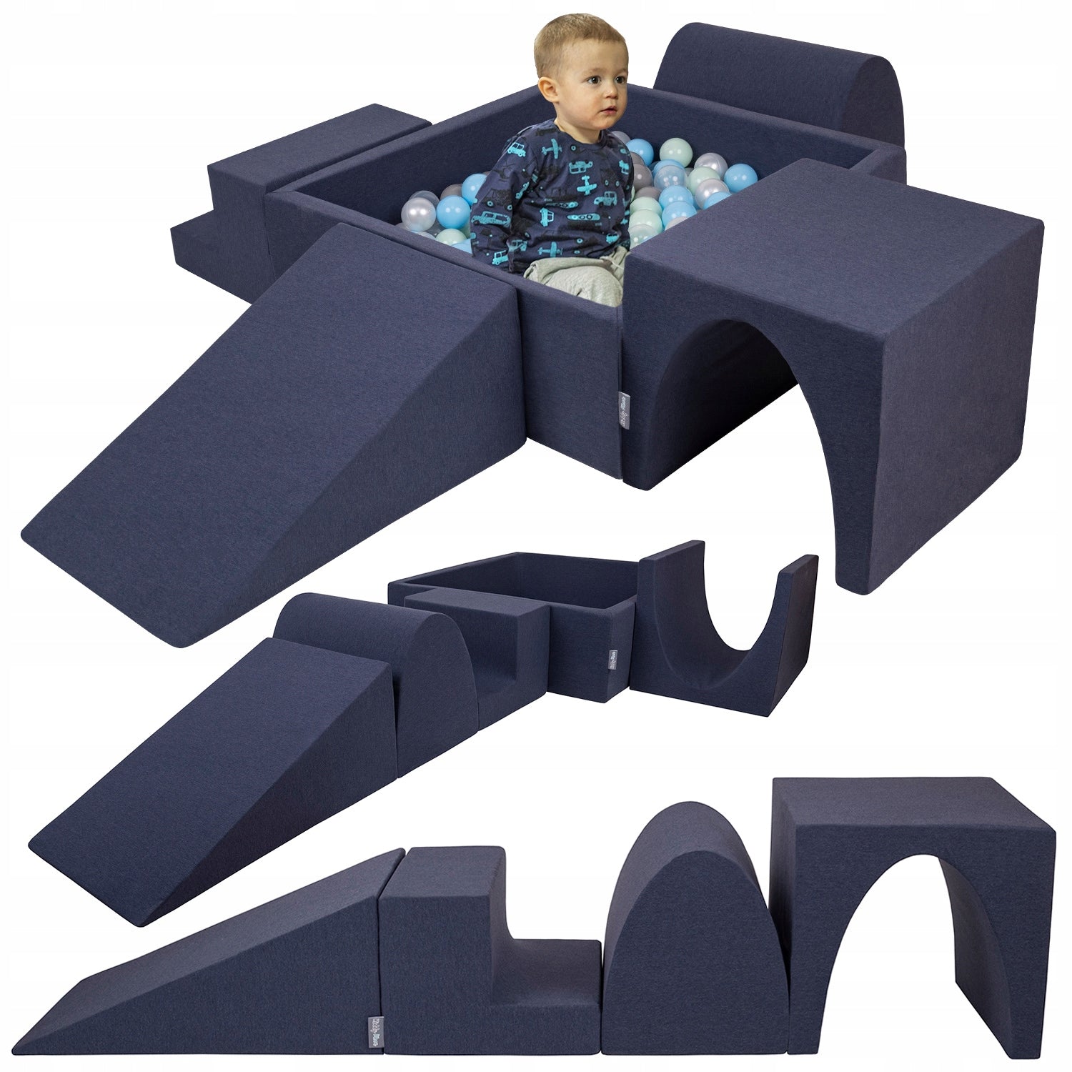 Kiddymoon Schaumstoff-Kinderspielplatz mit quadratischem Bällebad (300 Bälle), Version 3, Dunkelblau: Perlmutt/Grau/Klar/Hellblau/Mint 