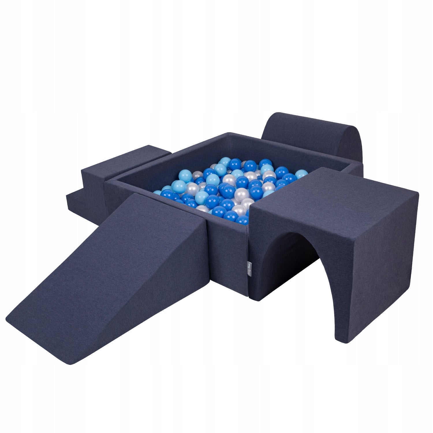 Kiddymoon Schaumstoff-Kinderspielplatz mit quadratischem Bällebad (300 Bälle), Version 3, Dunkelblau:Hellblau/Blau/Perlmutt 