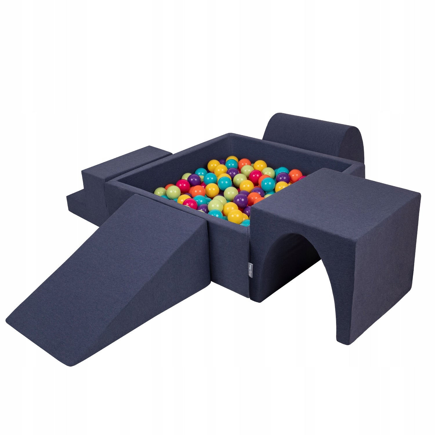 Kiddymoon Schaumstoff-Kinderspielplatz mit quadratischem Bällebad (300 Bälle), Version 3, Dunkelblau: Hellgrün/Gelb/Türkis/Orange/Dunkelrosa/Lila 