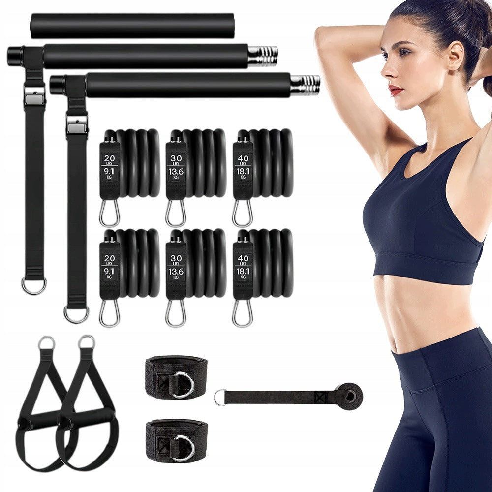 PILATES SET STICK RESISTANCE BAND TRAINING BAR 180 LBS PORTABLE