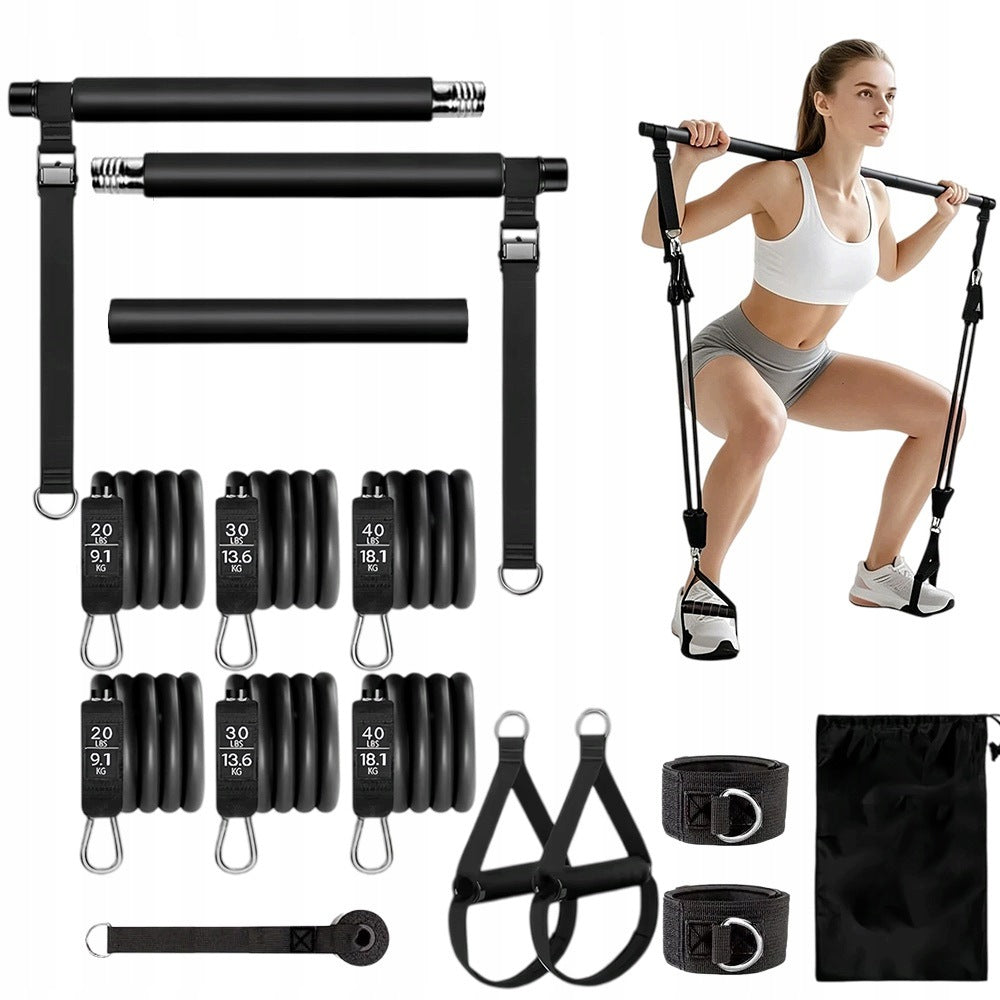 PILATES SET STICK TRAINING BAR RESISTANCE BANDS 180 LBS BLACK
