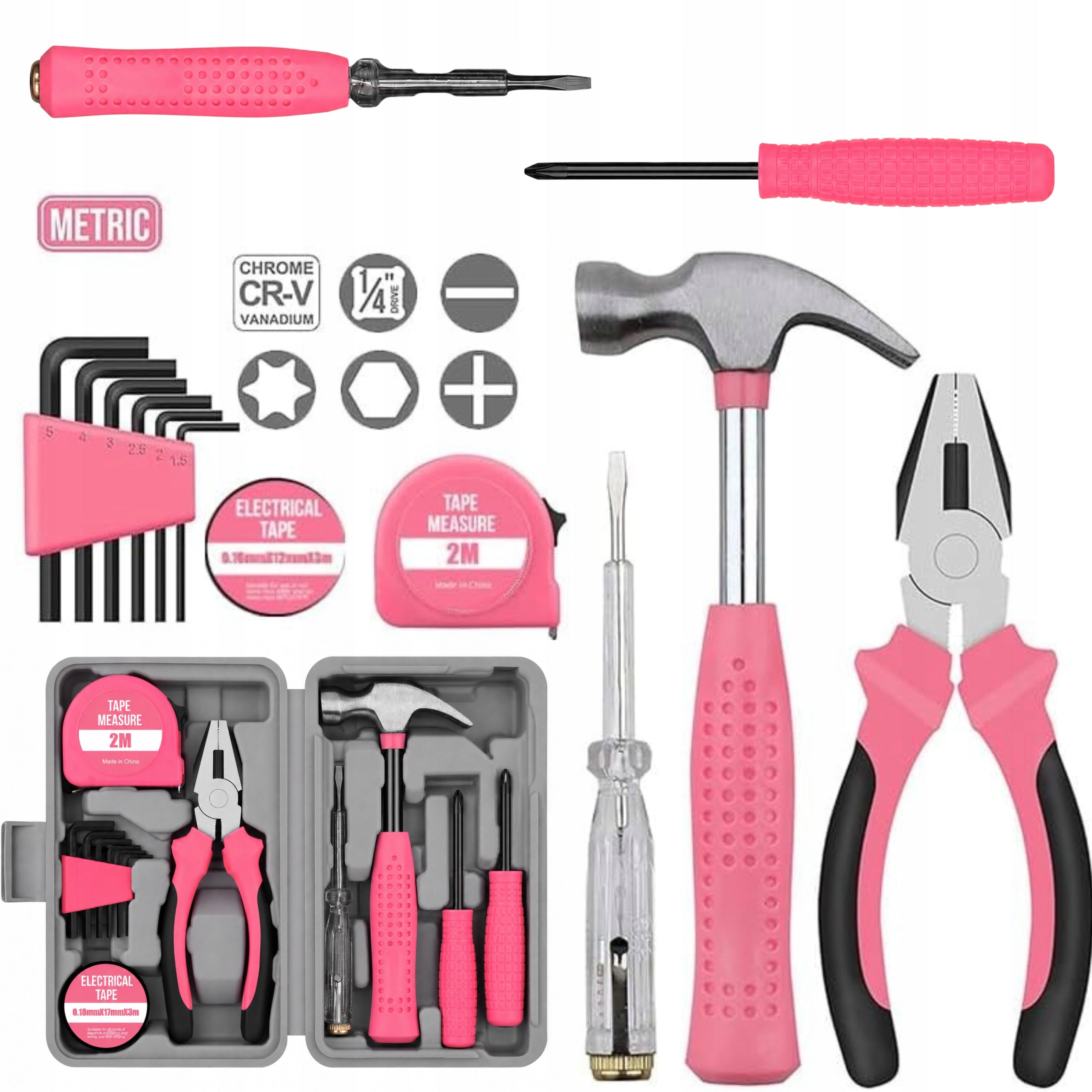PINK SMALL DIY REPAIR HAND TOOL SET FOR WOMEN 14 PCS KEYS Packaging status original