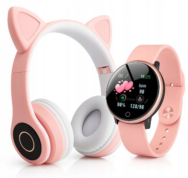 PINK SMARTWATCH 119s + CAT EAR HEADPHONES B39 (WITH CAT EARS)