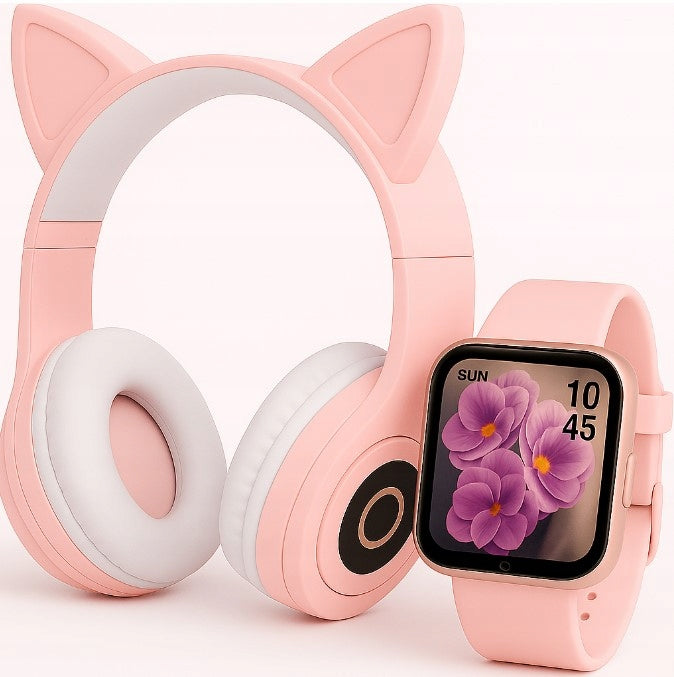 PINK SMARTWATCH + CAT EAR HEADPHONES LED - SET FOR GIRLS