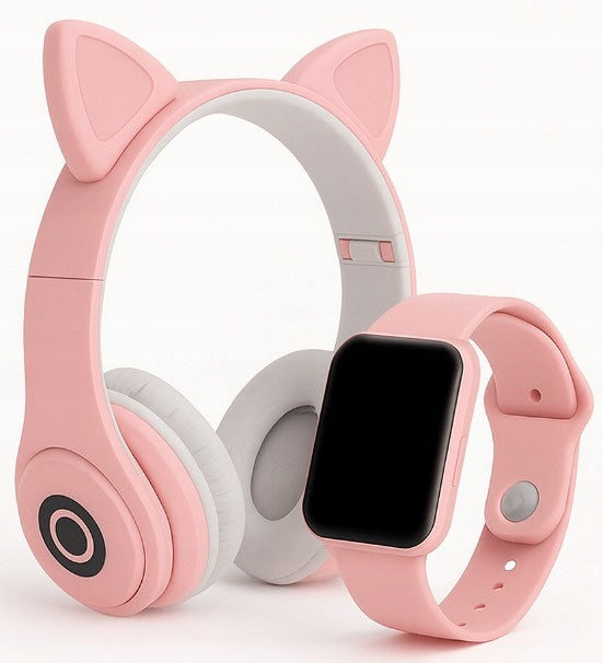 PINK SMARTWATCH + CAT EAR HEADPHONES LED - SET FOR GIRLS