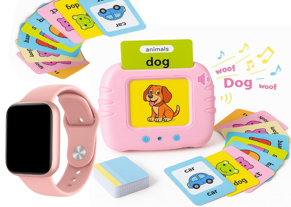 PINK SMARTWATCH FOR A CHILD + CARD READER FOR LEARNING ENGLISH (224words)